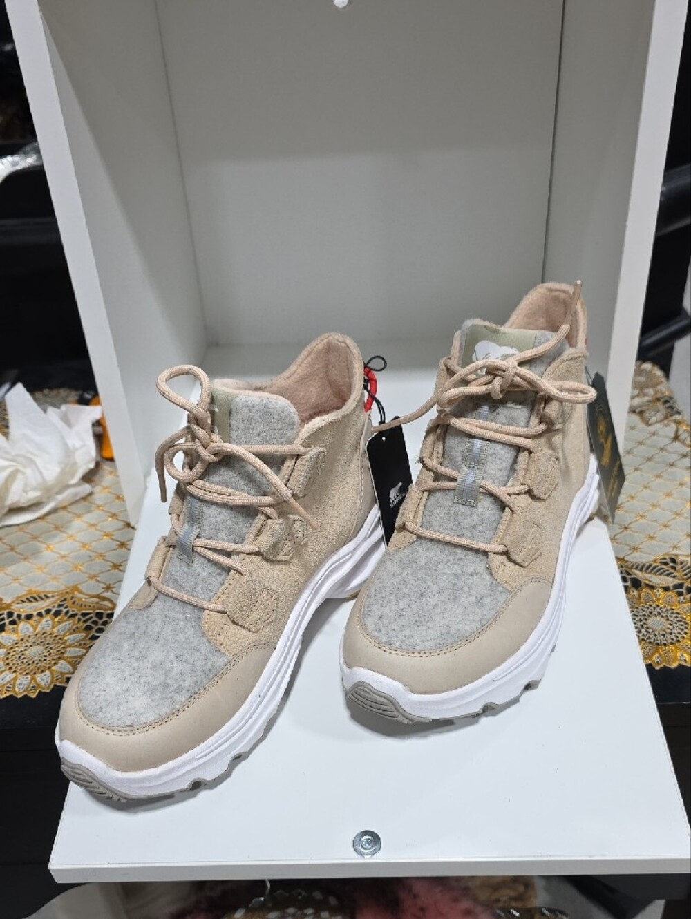 Sorel Lace-Up Beige and Gray Women's Suede Sneaker Boot - Picture 2 of 11